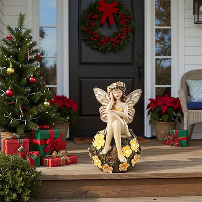 Solar Fairy Statue Sitting on The Flower Ball Light 6.8" Angel Statues for Garden Yard Patio Porch Lawn Decor Resin Fairy Figurine Outdoor Waterproof Angel Gifts for Women Mom Sister