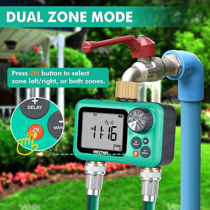 RESTMO Sprinkler Timer with Brass Inlet & Outlet, 3 Separate Programs Water Timer for Garden Hose, Manual/Rain Delay/Automatic Watering for Drip Irrigation and Lawn, 2 Outlet