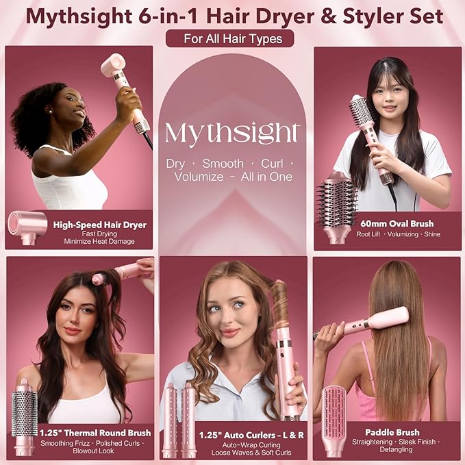 StyleVibe 6-in-1 Air Styler, Hair Dryer & Blow Dryer Brush with Auto Wrap Curl L/R, Fast Drying, Smooth Blowouts, Root-Lift Volume, No Heat Damage Frizz-Free Thermal Brush with Travel Bag