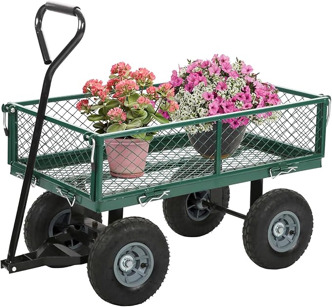 FDW Garden Cart Streel Heavy Duty 500 LBS Capacity，Utility Cart Wagon with Removable Sides and 180°Rotating Handle for Yard, Lawn and Garden Hauler (Green)
