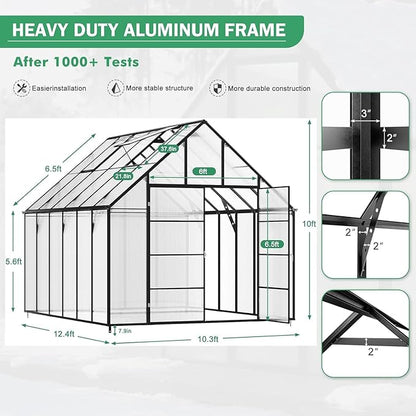 10x12 FT Greenhouse for Outdoor Large Heavy Duty Polycarbonate Greenhouses Aluminum Frame Walk-in Green House with 2 Windows Wider Door for Garden Plants Outside