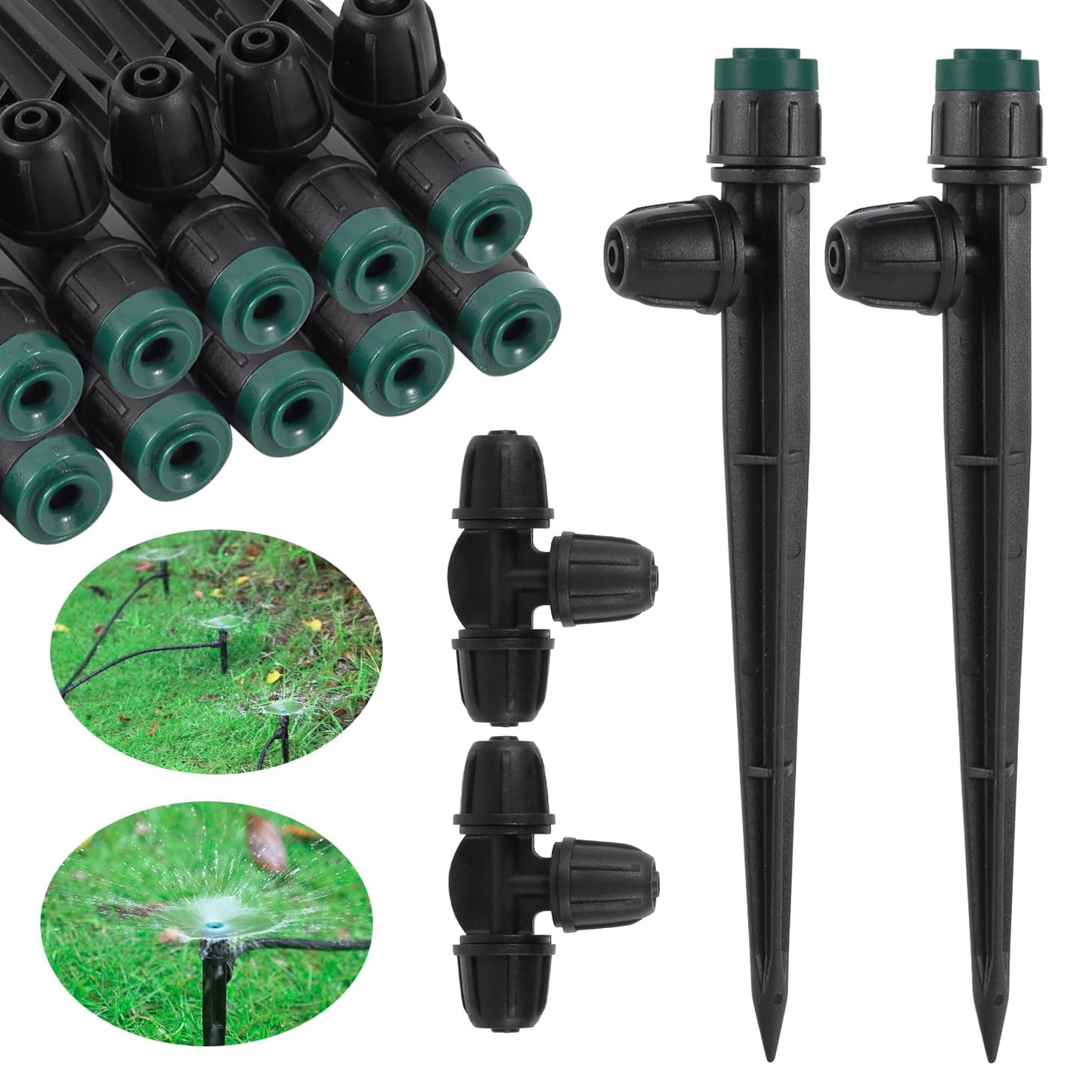 Drip Irrigation Emitters Sprayers for 1/4" Tubing, Adjustable 360 Degree Water Flow Sprayer on 5.5" Arrow Stake,with 1/4" Locked Tee for Watering System(10Pcs Sprayers and 10Pcs Tee)