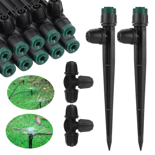 Drip Irrigation Emitters Sprayers for 1/4" Tubing, Adjustable 360 Degree Water Flow Sprayer on 5.5" Arrow Stake,with 1/4" Locked Tee for Watering System(30Pcs Sprayers and 30Pcs Tee)