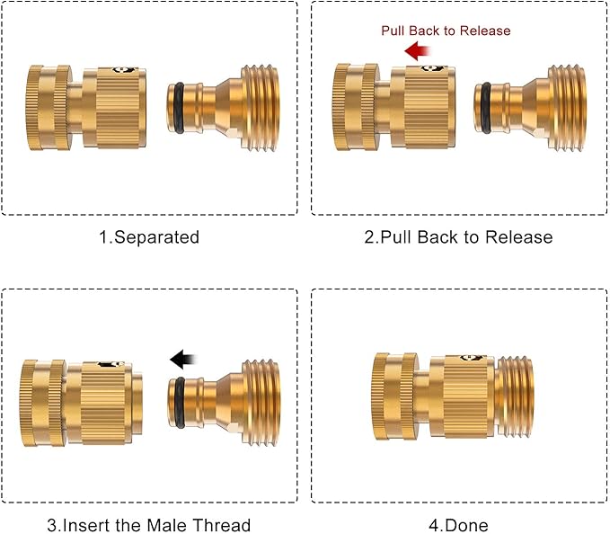 Kesfitt Garden Hose Quick Connect 3/4 Inch GHT Solid Brass Hose Connector Adapter Kit Fitting No-Leak Water Hose Female and Male Adapter (4 Sets)