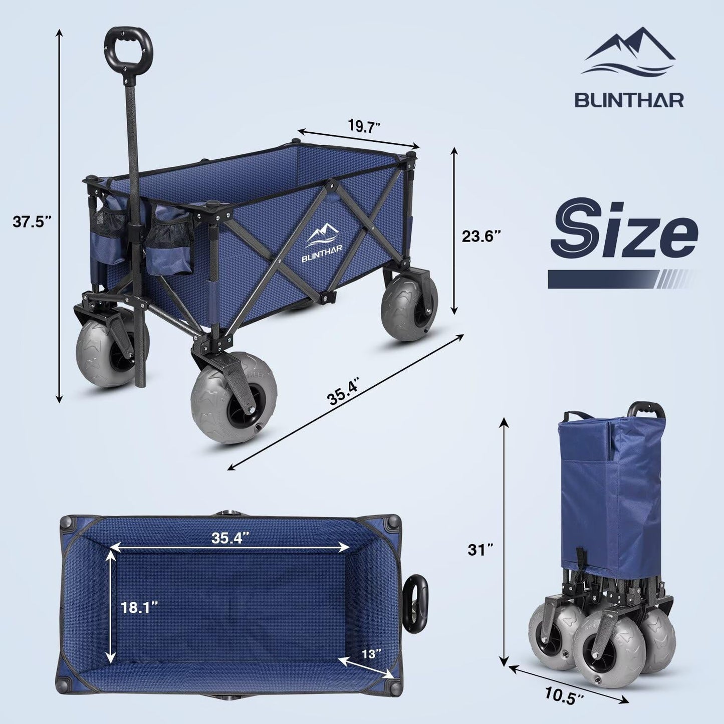 Beach Wagon with Big Wheels for Sand, Heavy Duty Harder Sand Collapsible Folding Wagon with All-Terrain 9" Pneumatic Ballon Tires, Utility Wagon for Garden Sports Camping Outdoor Activities