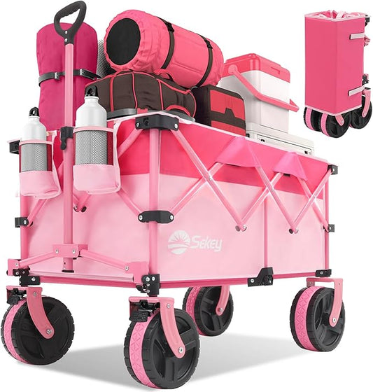 Sekey 220L Collapsible Foldable Wagon with 330lbs Weight Capacity, Heavy Duty Folding Utility Garden Cart with Big All-Terrain Beach Wheels & Drink Holders.Pink