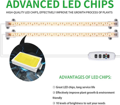 LED Grow Light Strips, 13 Inches Grow Lights for Indoor Plants Full Spectrum 3500K, 96 LEDs Plant Light with 3/9/12H Timer, 10 Dimmable Levels for Seedling Succulent, 2 Head