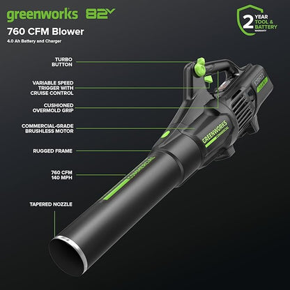 Greenworks 82V Brushless (760 CFM / 140 MPH) Cordless Leaf Blower, 4.0Ah Battery and Dual Port Charger (Great for Landscapers and Professionals)