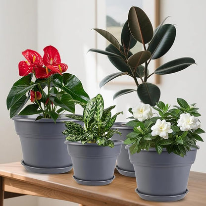8-inch-Plant-Pots-Indoor-Outdoor, 4 Pack Plastic Planters with Drainage Holes & Saucers, Resin Flower Pots with Trays, Classic Garden Pot Container for House