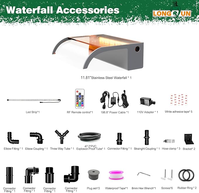 Waterfall Pool Fountain, LONGRUN Waterfall Spillway for Koi Ponds - 11.8" Transparent Acrylic Water Fall for Swimming Pool, Garden Pond, Patios, Spa Decoration