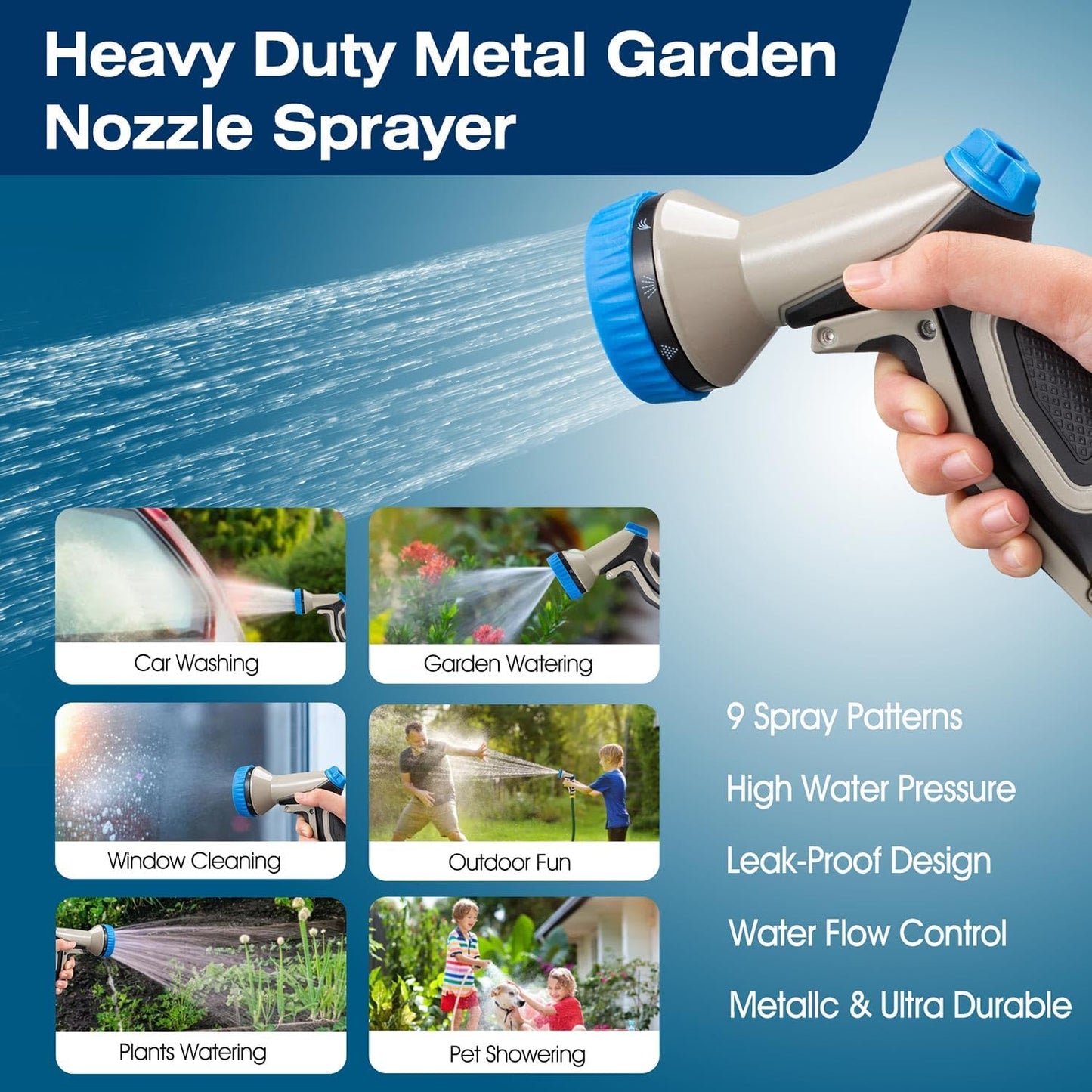 Garden Hose Nozzle - Heavy Duty Metal Water Hose Nozzle, High Pressure Water Nozzle with 9 Adjustable Spray Patterns for Watering Plants, Lawn, Washing Cars, Cleaning & Showering Pets