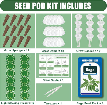 Sage Seed Pods for All Hydroponics Growing Systems, 12 Pods Herb Kit with 200+ Seeds of Sage, Grow Your Own Herb Garden at Home