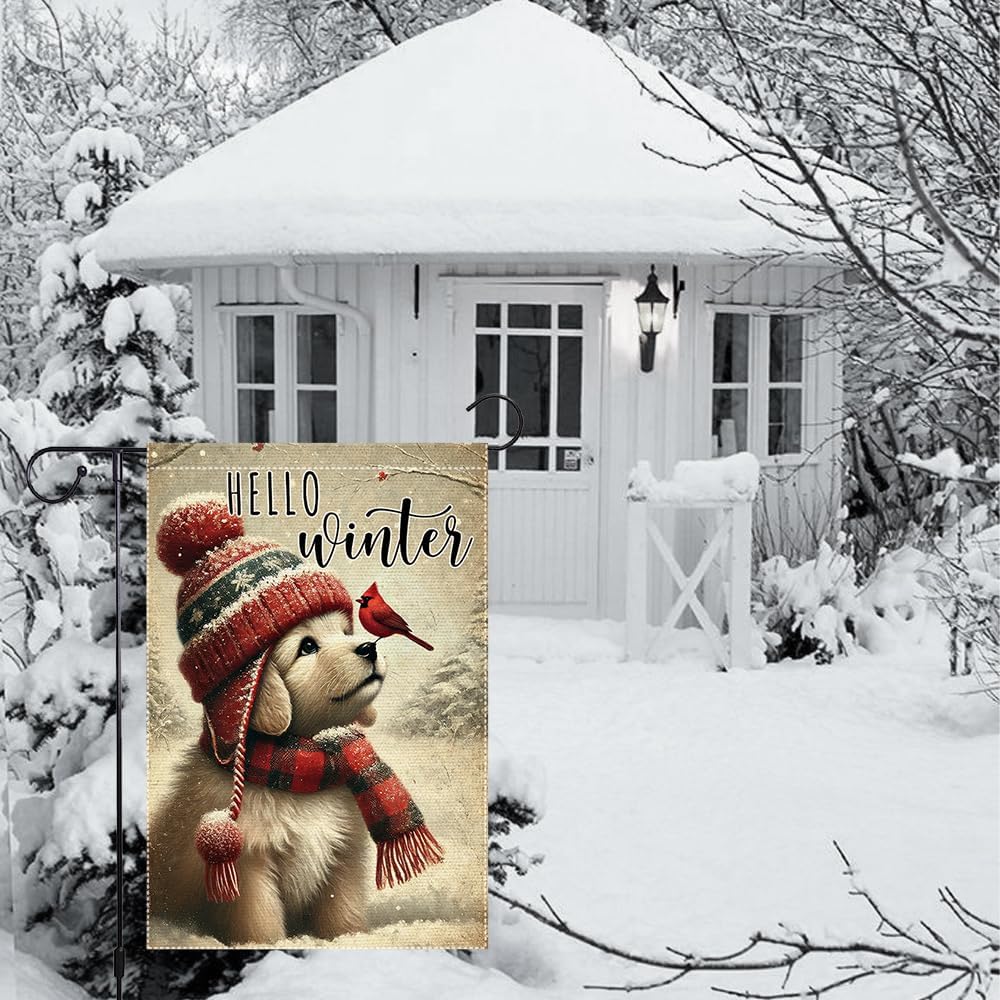 Hello Winter Dog Garden Flag 12x18 Vertical Double Sided Cardinal Bird Snow Christmas Holiday Outside Decorations Burlap Yard Flags
