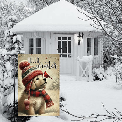 Hello Winter Dog Garden Flag 12x18 Vertical Double Sided Cardinal Bird Snow Christmas Holiday Outside Decorations Burlap Yard Flags