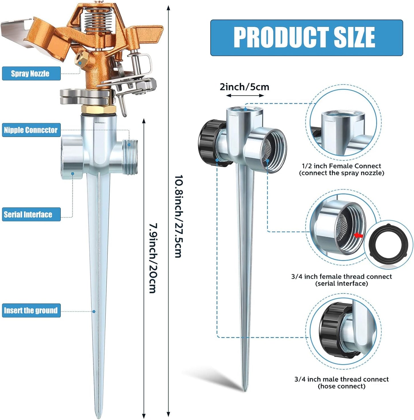 4 Pieces Brass Impact Lawn Sprinklers for Yard, Heavy Duty Water Sprinkler Head with Zinc Alloy Spike Base 360 Degree Automatic Rotating Lawn Sprinkler for Yard Lawn Large Area Patio Garden
