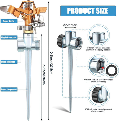 4 Pieces Brass Impact Lawn Sprinklers for Yard, Heavy Duty Water Sprinkler Head with Zinc Alloy Spike Base 360 Degree Automatic Rotating Lawn Sprinkler for Yard Lawn Large Area Patio Garden