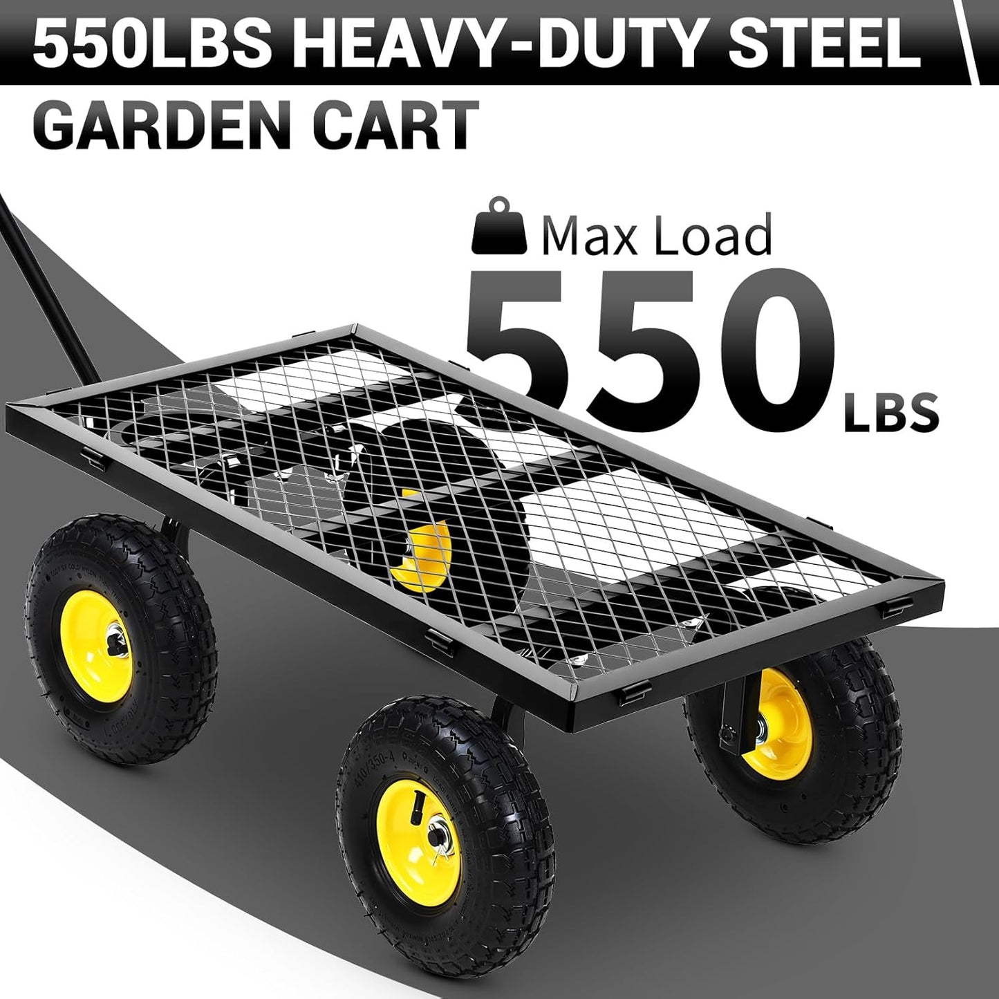550 Lbs Steel Garden Cart. Heavy Duty Metal Garden Wagon with 10" Wheels, Pullable Metal Garden Wagon w 180° Rotating Handle and Removable Sides for Farm, Yard,