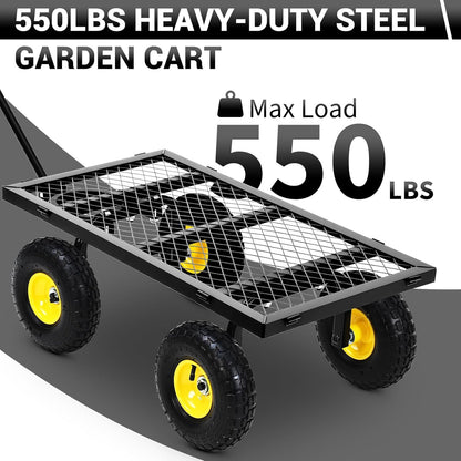 550 Lbs Steel Garden Cart. Heavy Duty Metal Garden Wagon with 10" Wheels, Pullable Metal Garden Wagon w 180° Rotating Handle and Removable Sides for Farm, Yard,
