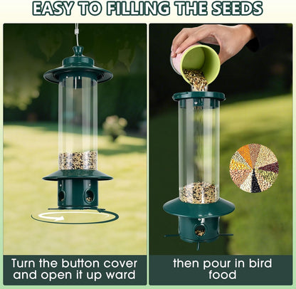 Hanging Bird Feeder for Outdoors, Squirrel Proof Bird Feeders for Outside with 4.8 Lb Capacity, 4 Ports Tube Metal Wild Bird Feeders for Garden Yard Decoration Viewing Cardinal, Weather-Resistant