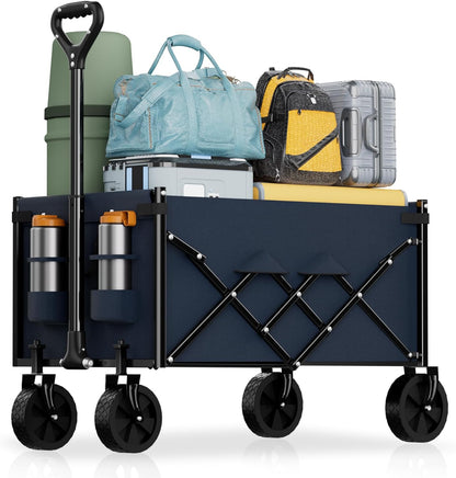 Lightweight Folding Wagon, Large Capacity Collapsible Grocery Cart on Big Wheels, Heavy Duty Foldable Shopping Carts, All-Terrain Outdoor Utility Carts, 3.5 Cu Ft, Blue