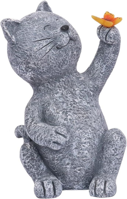 Solar Garden Statue Cat Garden Figurines Cat Garden Statue Outdoor Decor, Solar Powered Resin Sculpture with Butterfly Light Art Decoration for Patio Lawn Yard Porch, Housewarming Garden Gift