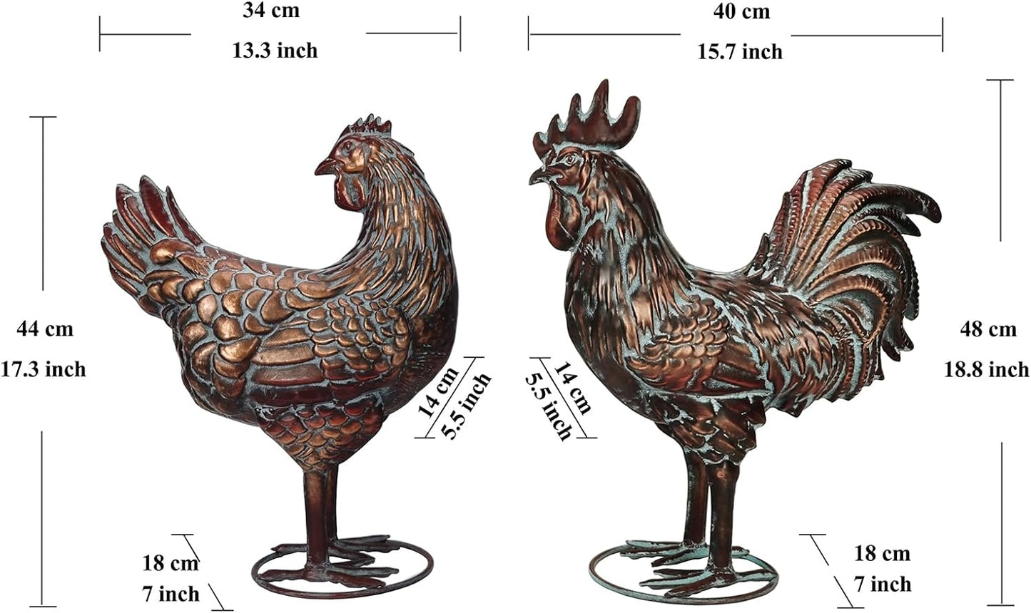 Metal Chicken Yard Decor, Farmhouse Metal Rooster Hen Yard Art, Outdoor Chicken Garden Statues, Antique Copper Hen and Rooster Sculptures Ornament for Backyard Patio Lawn Home Kitchen Decorations