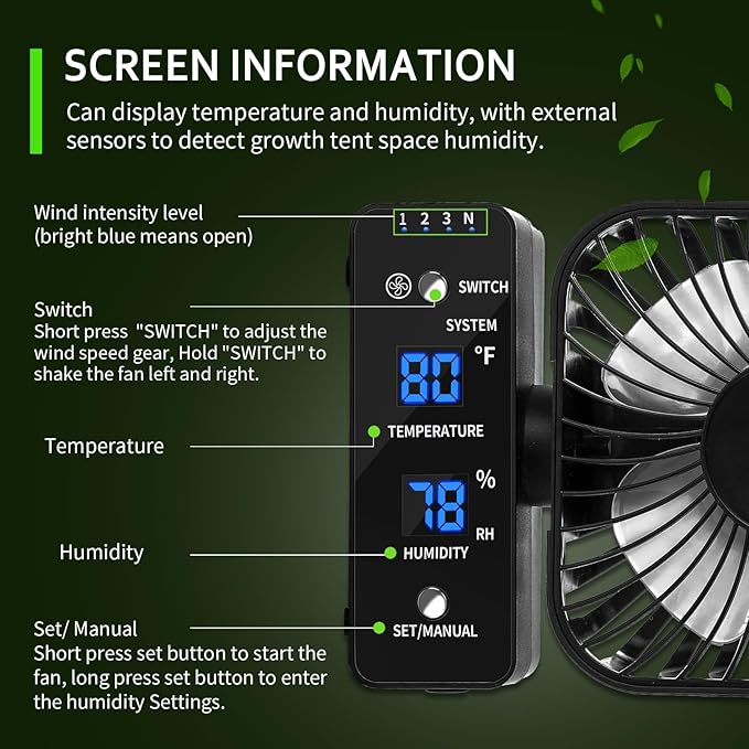 4" Grow Tent Fan with Auto Humidity Control | Quiet Oscillating Ventilation, Real-Time Temp & Humidity Monitoring for Hydroponics, Greenhouses & Indoor Gardens