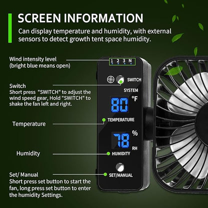 4" Grow Tent Fan with Auto Humidity Control | Quiet Oscillating Ventilation, Real-Time Temp & Humidity Monitoring for Hydroponics, Greenhouses & Indoor Gardens