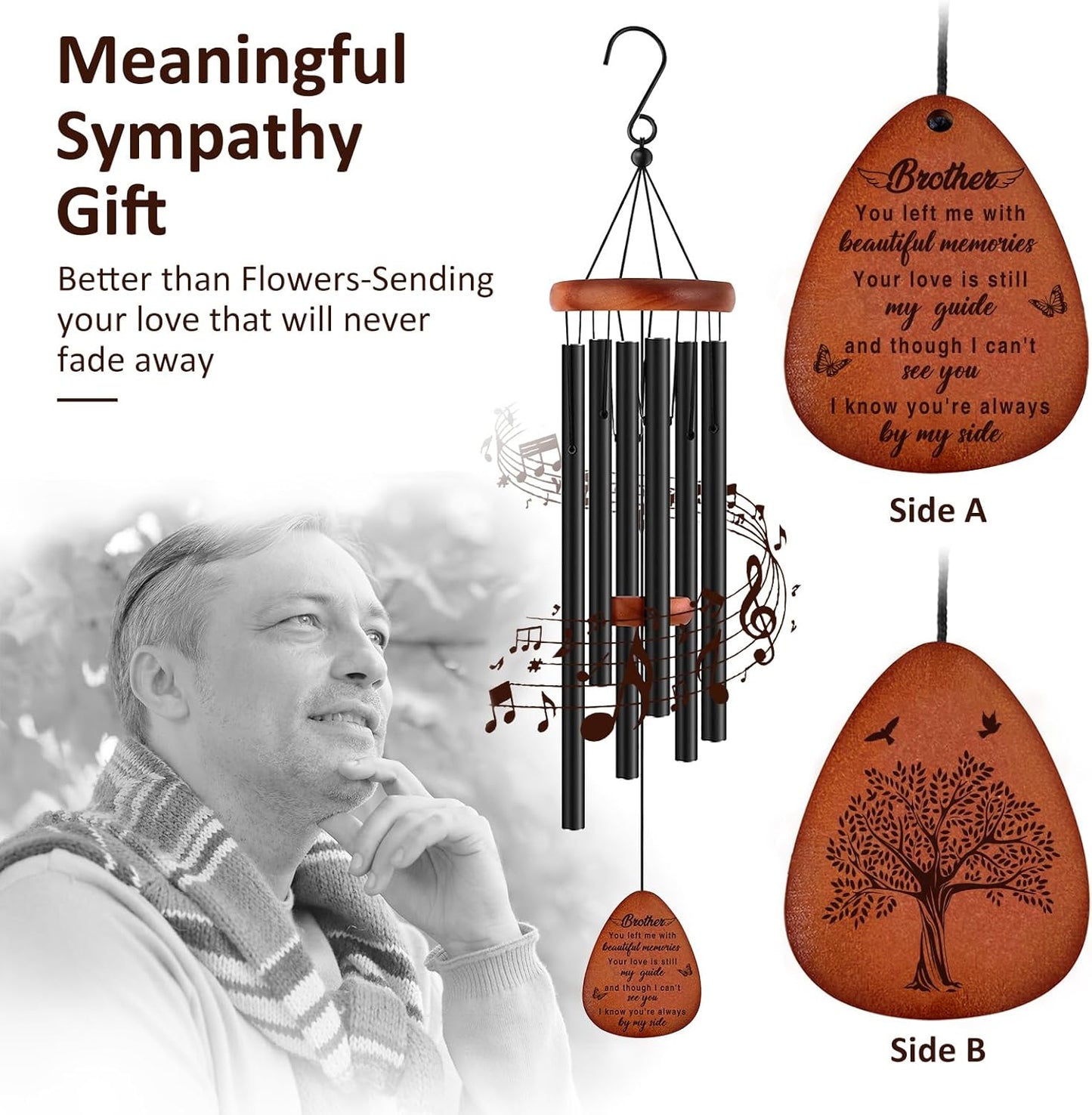 Memorial Gifts for Loss of Brother,Memorial Wind Chimes 25'', Loss of Brother Sympathy Gifts, Home Decor Outdoor Garden, Soothing Melodic Tones with Mute Option