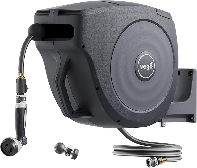 Garden Hose Reel Retractable 1/2" x 65ft Wall Mounted Hose Reel Automatic Rewind, Any Length Lock with 9 Patterns Sprayer Nozzle, Quick Connector and Adjustable shot Nozzle- Tidepool Blue