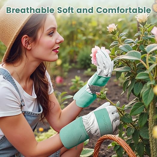 Gardening Gloves, Long Thorn Proof Garden Gloves for Women and Men, Goatskin Breathable Leather Work Gloves for Gardening, Pruning, Yard Work, Turquoise, S