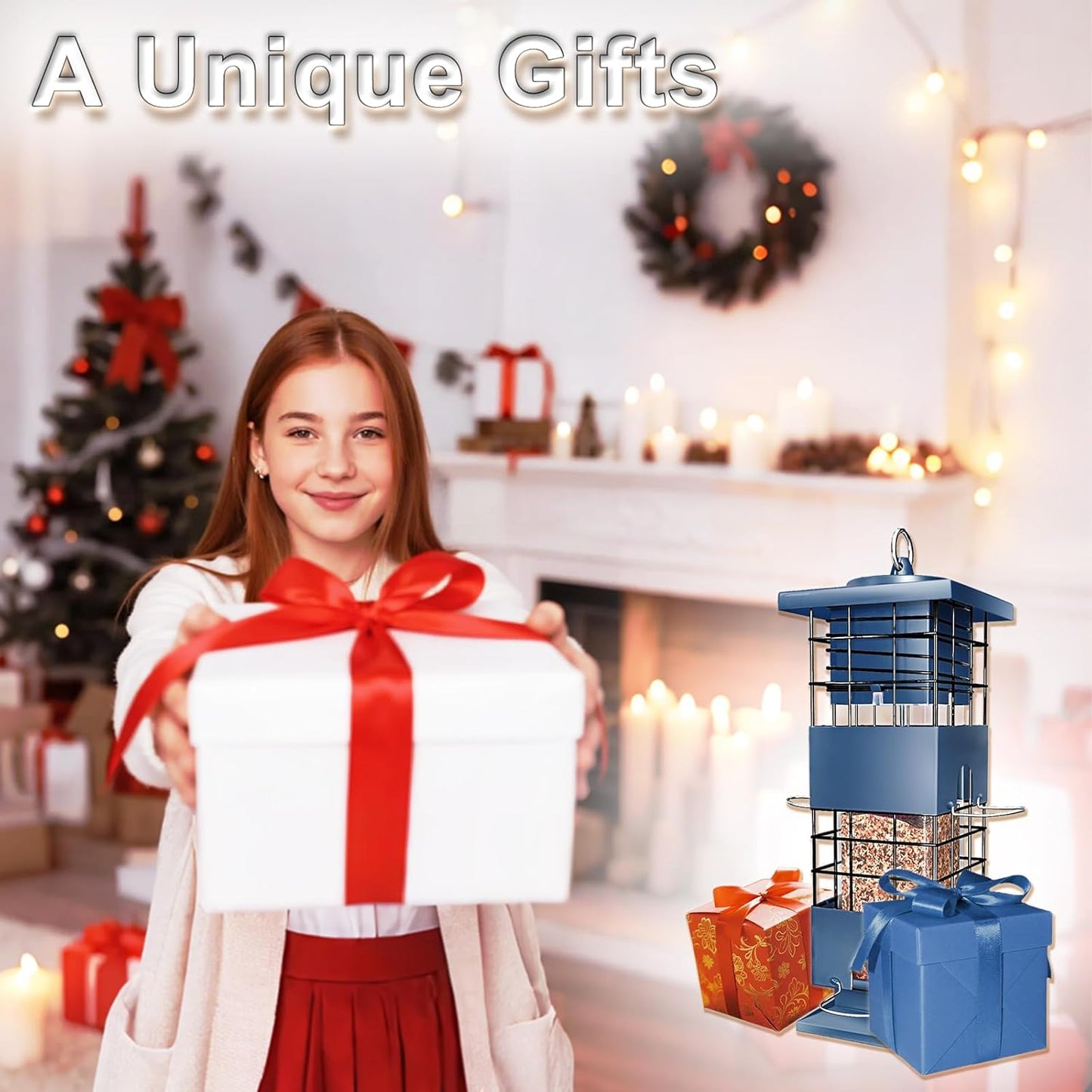 Squirrel Proof Bird Feeder, 3.5Lbs Large Capacity Metal Squirrel-Proof Bird Feeders for Outdoors Hanging, 4 Feeding Ports Wild Bird Feeders with Gravity Protection for Finch, Cardinal, Blue Jay