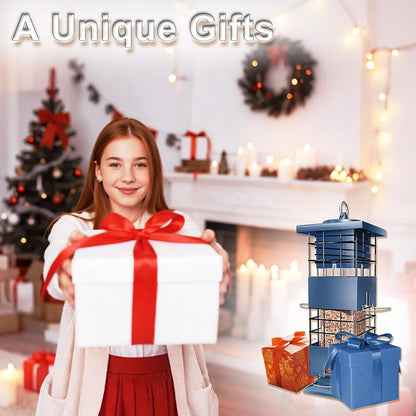 Squirrel Proof Bird Feeder, 3.5Lbs Large Capacity Metal Squirrel-Proof Bird Feeders for Outdoors Hanging, 4 Feeding Ports Wild Bird Feeders with Gravity Protection for Finch, Cardinal, Blue Jay