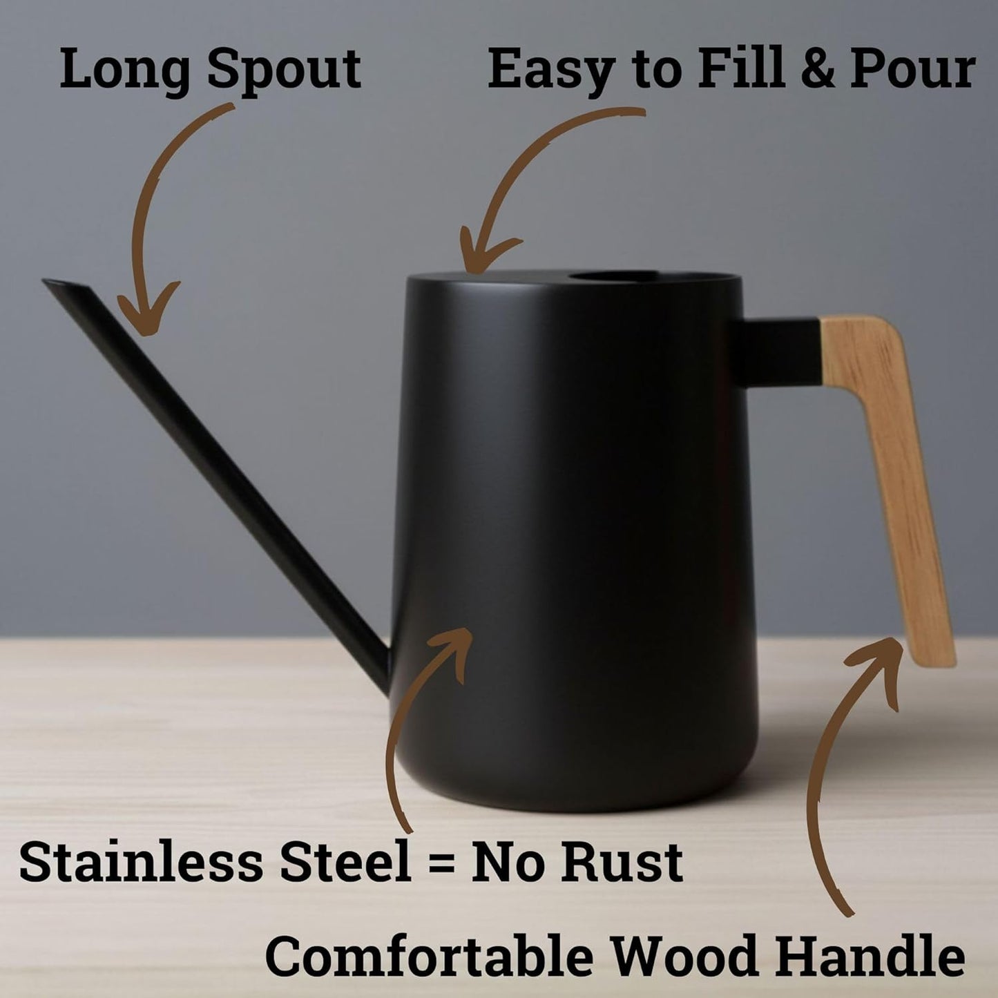35 Ounce Metal Small Indoor Watering Can with Long Spout & Real Wood Handle for House Plants, Succulents, Cacti & Seedlings - Black Long Spout Watering Can Indoor Plants - Gentle Flow & No Spills