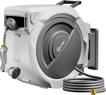 SILVEL Retractable Garden Hose Reel – 5/8 in x 110FT Heavy Duty Automatic Hose Reel Wall Mounted, Upgraded UV Resistant with 10 Pattern Nozzle, Any Length Lock & Slow Return System, 180°Swivel Bracket