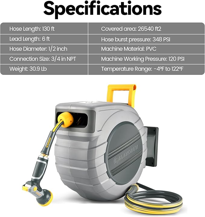 GLAHODEN Retractable Garden Hose Reel 1/2 in x 130 ft, 2025 Upgraded Dual Ratchet Lock UV & Freeze Protection Brass Seal Slow Retraction Anti-Tangle Hose 180°Swivel Reinforced Scaffold Wall Mount