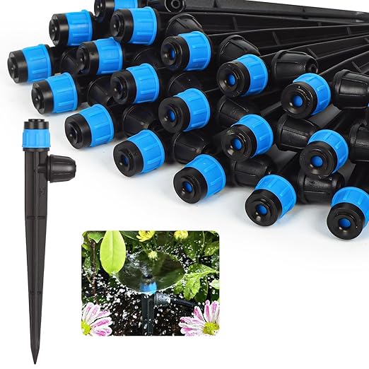 50pcs Drip Irrigation Emitters for 1/4" Drip Tubing Adjustable 360 Degree Fan Shape Water Flow Vortex Drippers for Drip Irrigation with Lock Barbed Irrigation Drip Nozzles for Flower Plants Garden
