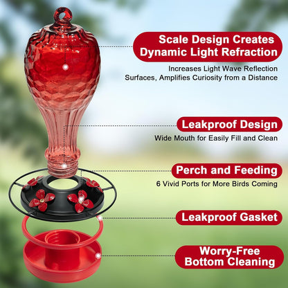 Glass Hummingbird Feeder for Outdoors with Ant Moat - Hand Blown Humming Bird Feeder, 5 Feeding Ports, Leak-Proof, 20 Ounces, Elegance Garden Decoration, Gift for Mom Dad Elderly