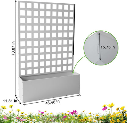 GarveeLife Metal Planter Box with Trellis, 71 in x47 in x12 in Raised Garden Bed with Trellis, Outdoor Garden Box with Privacy Screen & Drainage Holes for Climbing Plants Flower Vegetable, White