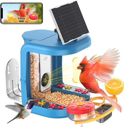 Solar-Powered Smart Bird Feeder with Camera Solar Powered,2K Video Recording, Auto Bird ID & Extensive DIY Accessories,2 in 1 Hummingbird Feeder Camera Ideal Present for Bird Lovers (Blue)