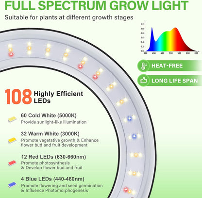 LORDEM Grow Light for Indoor Plants, 7.9" Full Spectrum LED Plant Grow Light, Height Adjustable Growing Lamp with Auto Timer 4H/8H/12H, 6 Dimmable Levels, Ideal for Large Tall Plants, 2 Packs, Black