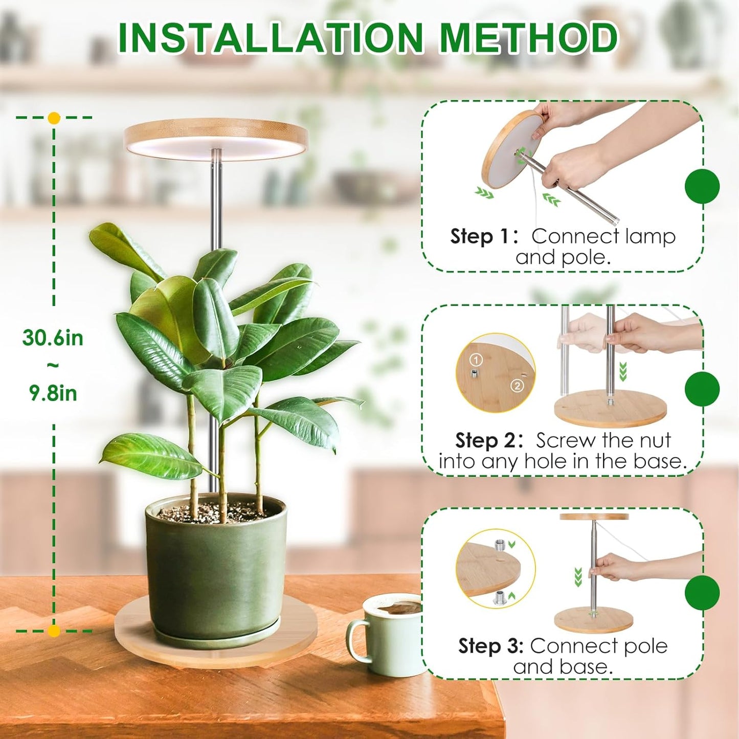 LORDEM Bamboo Grow Light, LED Plant Light for Indoor Plants Growing, Full Spectrum Bamboo Desk Growth Lamp with Automatic Timer for 4H/8H/12H, 4 Dimmable Levels, Height Adjustable, Pack of 2