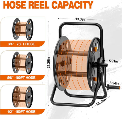 SPECILITE Metal Garden Hose Reel, Portable Outdoor Floor Stable Water Pipe Holder Freestanding, Holds 100-150 Ft of Hose Storage Capacity, UV Resistance, Hose Winder for Outside, Irrigation, Cleaning