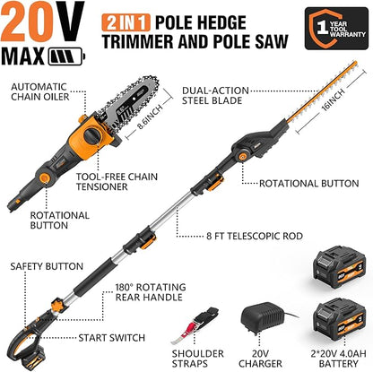 Alloyman 2-in-1 Telescopic Cordless Pole Hedge Trimmer 16-Inch and Pole Saw 8.6-Inch,with 2 Packs 4.0Ah Batteries & Charger,for Tree Trimming and Shrubs Pruning