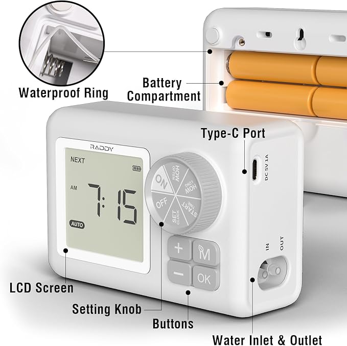 Raddy WS-64 Automatic Plant Waterer Indoor Self Watering System for 15 Potted Plants, Programmable Water Timer with LCD Display, Rain Delay for Balcony Patio, or Greenhouse