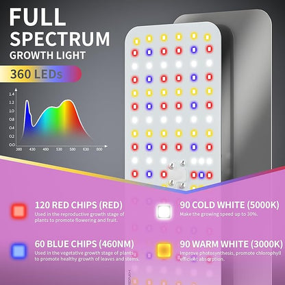 KINGPLUS Grow Lights with Base, Three Heads, Full Spectrum LED Grow Light for Indoor Plants, 360 Leds, 4 Dimmable Levels, Timer 4/8/12h, 12-60inches Height Adjustable, 48w, Ideal for Desk Small Plants