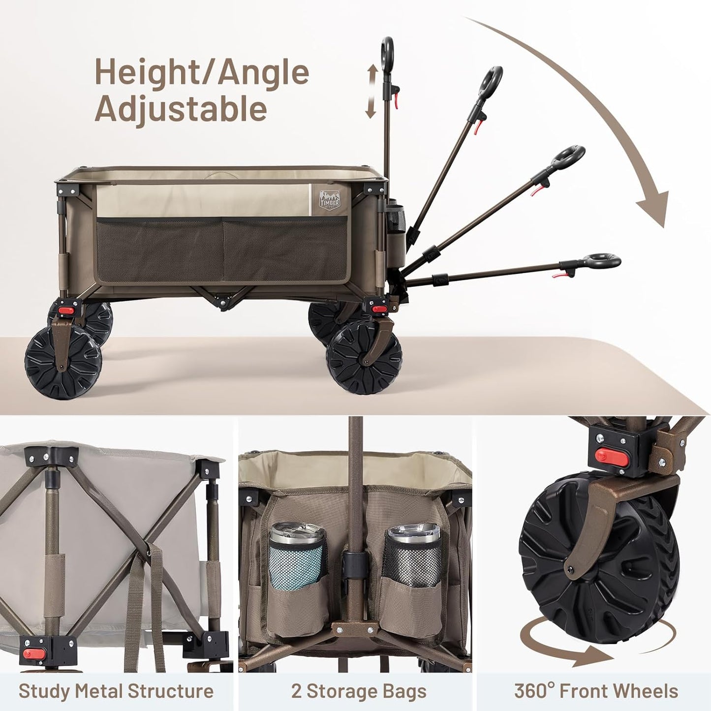 Timber Ridge Outdoor Collapsible Wagon Utility Folding Cart Heavy Duty All Terrain Wheels for Shopping Camping Garden with Side Bag and Cup Holders,Tan