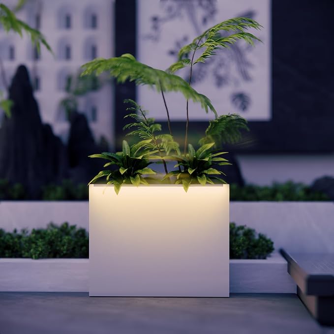 GSK White Metal Planter Box with LED Light Rectangular Illuminate Flower Trough 30" H×10" W×37.9" L Vibe Indoor Light Up Garden Plants Outdoor Separation Patio Porch Balcony