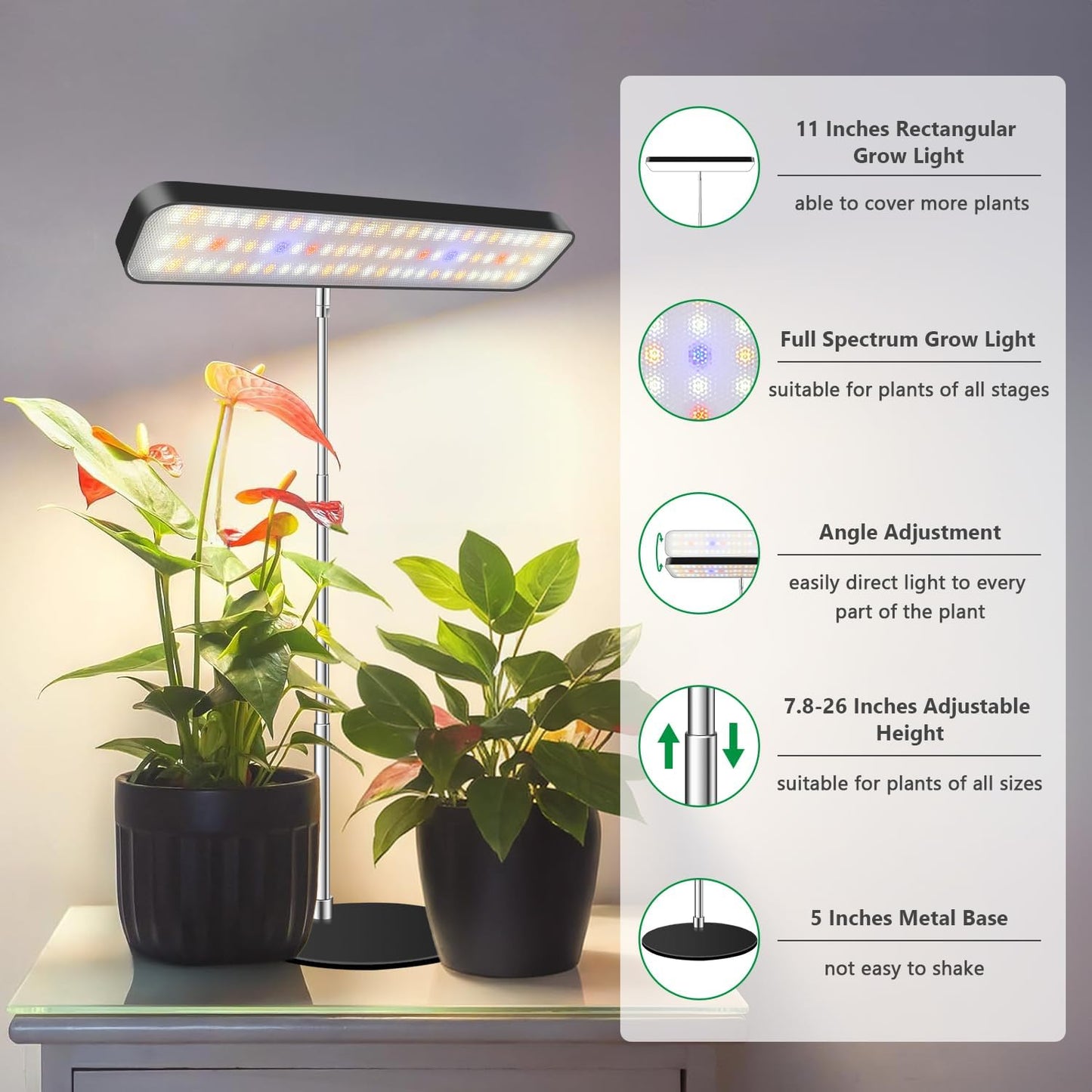 Grow Light, Full Spectrum Desktop Plant Lights for Indoor Growing Seedling 2 Pack, Large Area Lighting LED Grow Lamp with Base, Height Adjustable 26 Inch Black with 6/12/16H Timer
