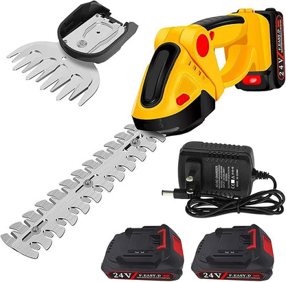 24V Cordless Hedge Trimmer & Grass Shear, 2 in 1 Handheld Shrubbery Trimmer Electric Grass Trimmer, Lightweight & Safe Grass Cutter/Hedge Shear with 2 Pcs Rechargeable Batterys and Charger